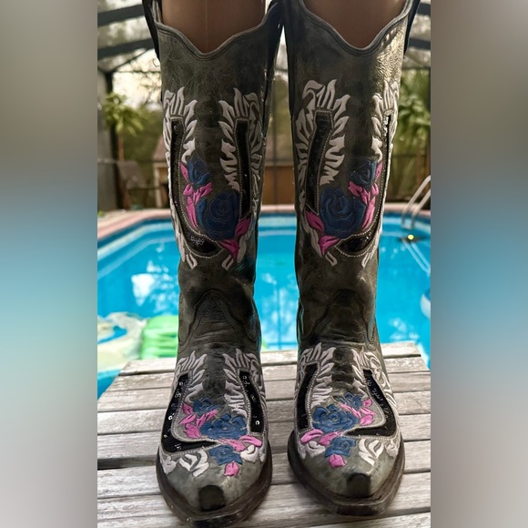 Corral R2523 Horseshoe Rose Flower Embroidery Gray Cowboy Boots Women’s 6.5 - Picture 4 of 10